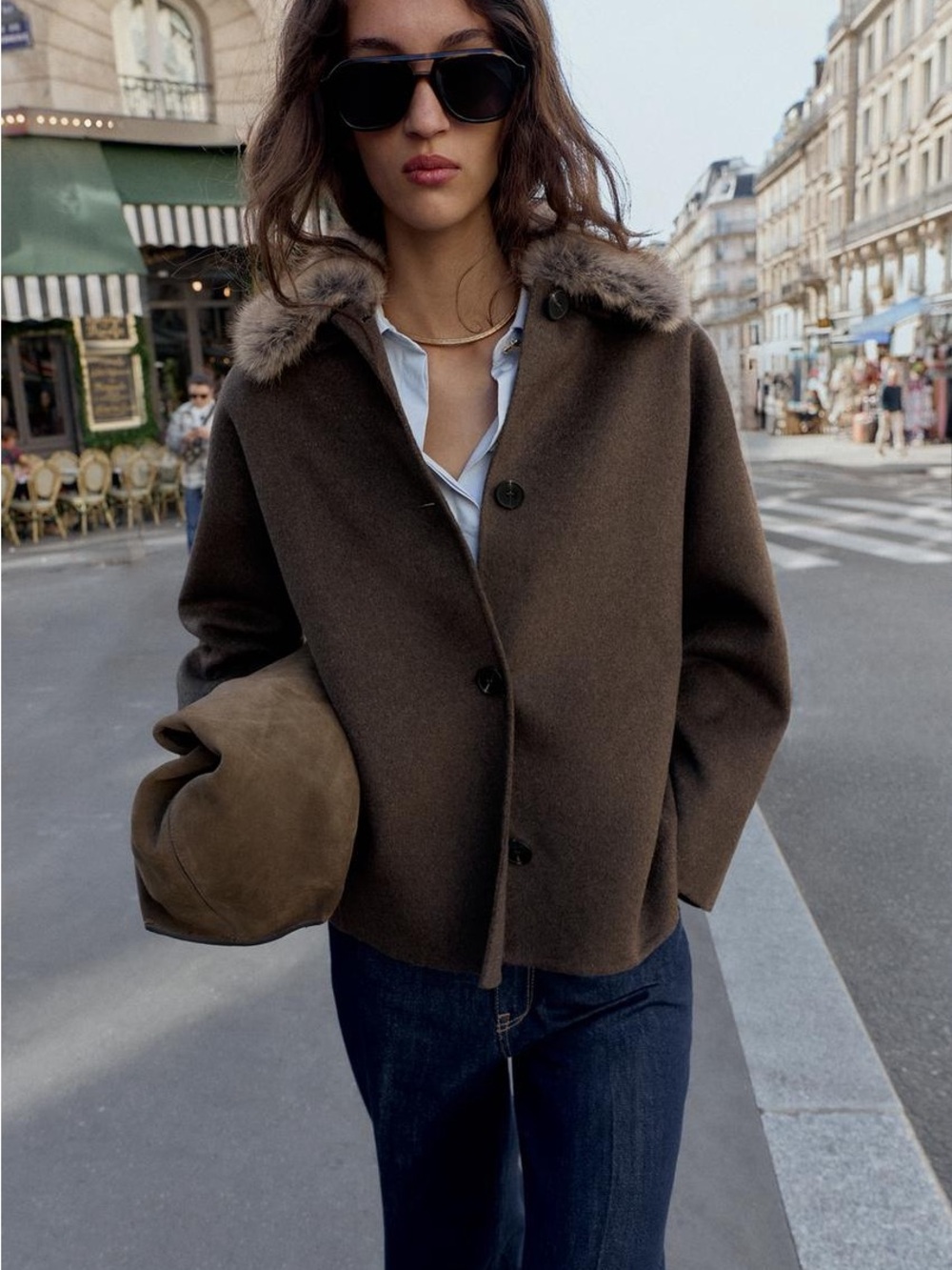 Zara Brown Wool Pea Coat with Fur-Trim Collar